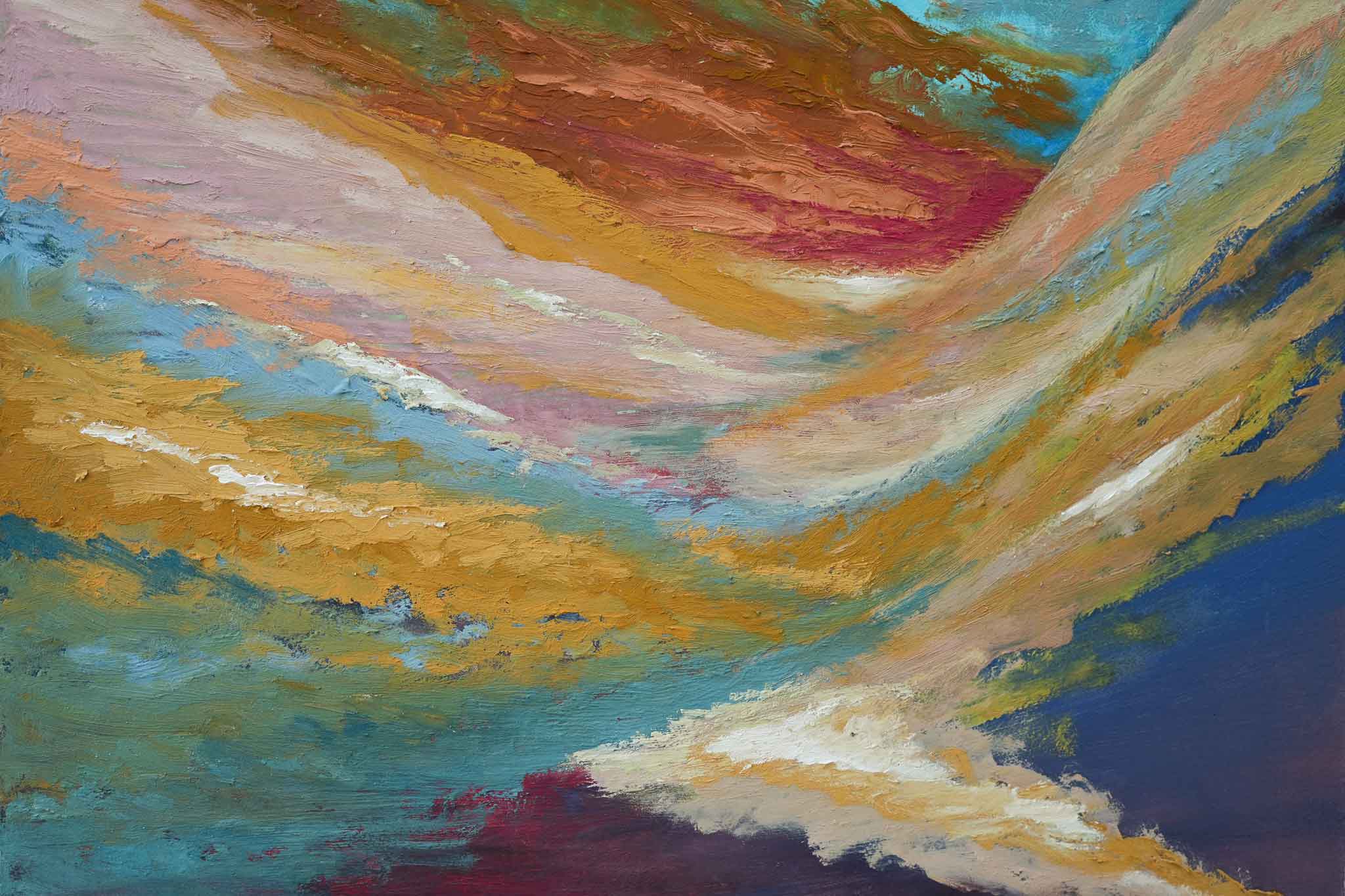 A vivid and very colourful painting of a skyline that looks also like a valley