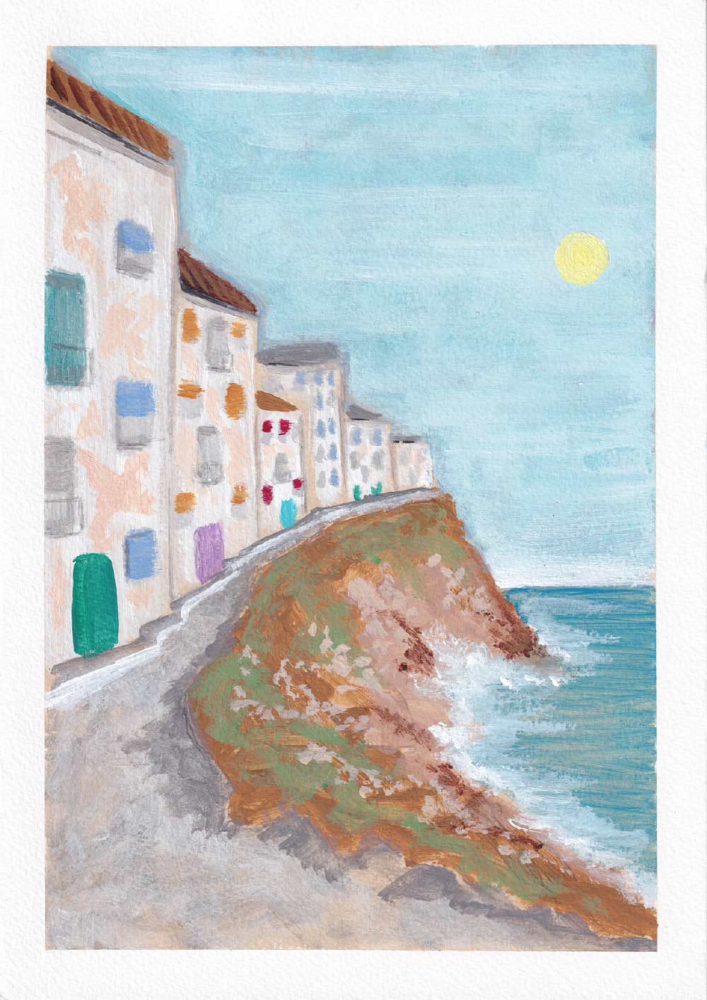 An art card painting of a warm summer hazy afternoon by the coast