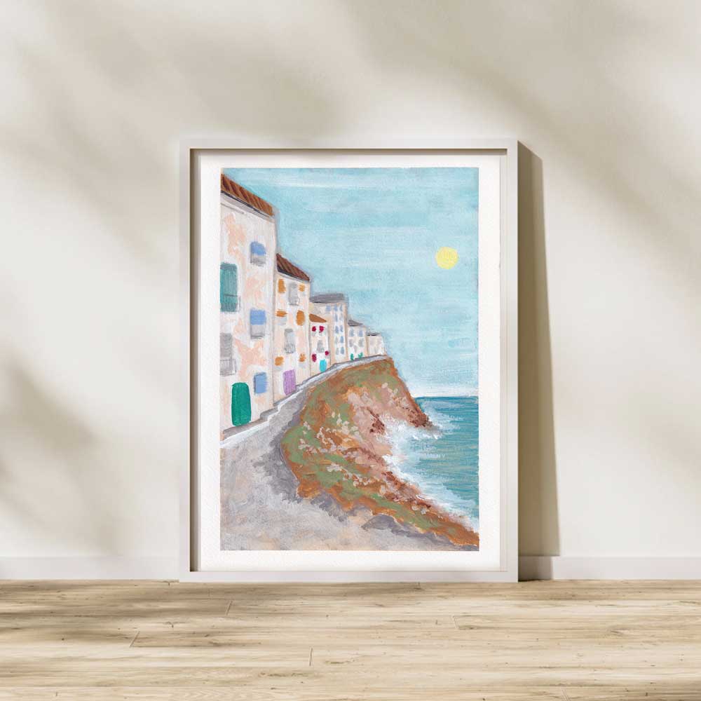 An art card painting of a warm summer hazy afternoon by the coast framed in a whitewashed frame