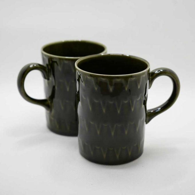 Two dark green mugs side by side