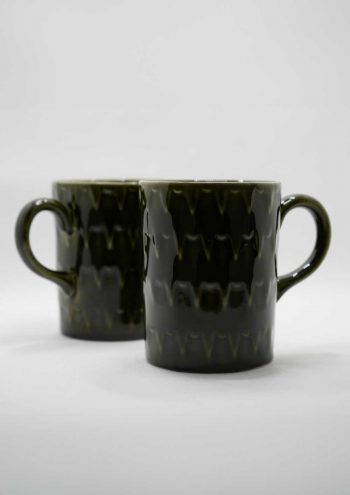 Two dark green mugs side by side
