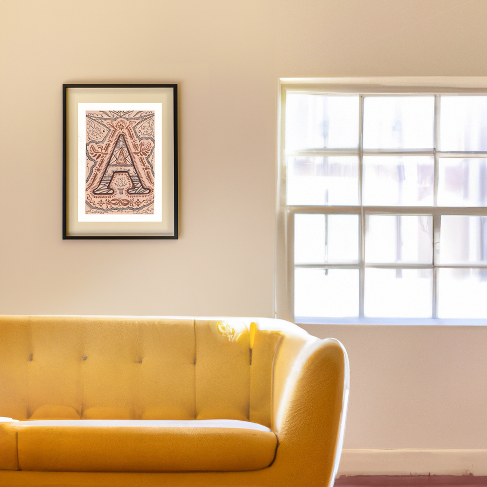 The letter A painted in Antique rose gold painted on A4 card using Acrylic paint