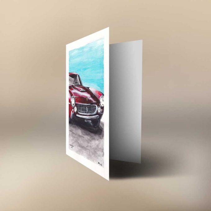 A hand painted greeting card of a Ferrari 250 GT Lusso