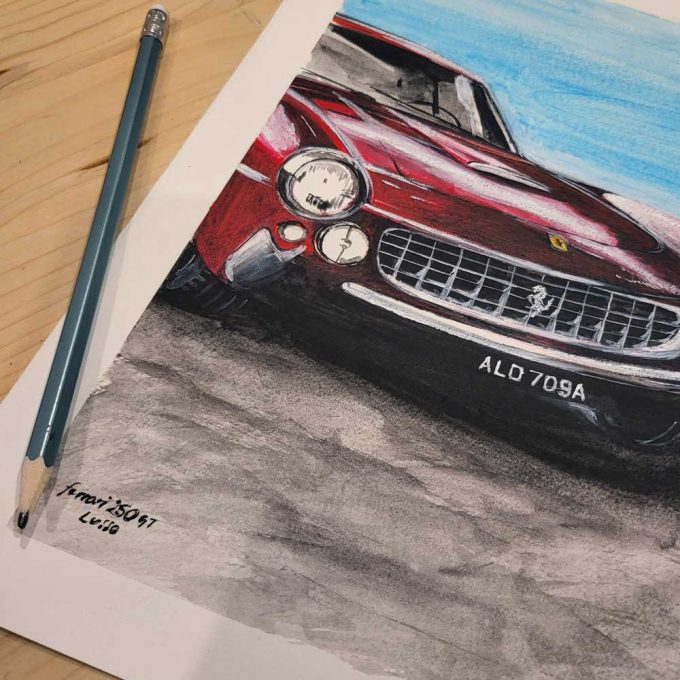 A hand painted greeting card of a Ferrari 250 GT Lusso