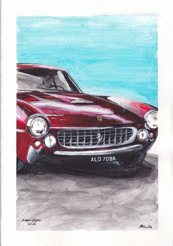 A hand painted greeting card of a Ferrari 250 GT Lusso