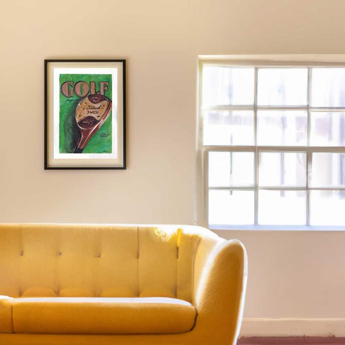 A golf club painting, on a green background painted by the herringbone studio.