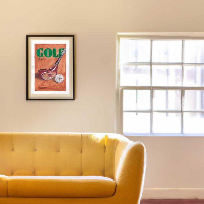 A golf club painting, on a orange background painted by the herringbone studio.