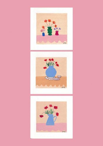 3 Vases and flowers hand painted greetings cards painted by CMC, each with blue vases and bright flowers