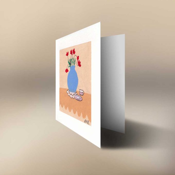 painted by CMC, each greeting card is painted with blue vases and bright flowers