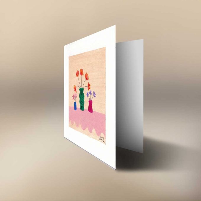 painted by CMC, each greeting card is painted with blue vases and bright flowers