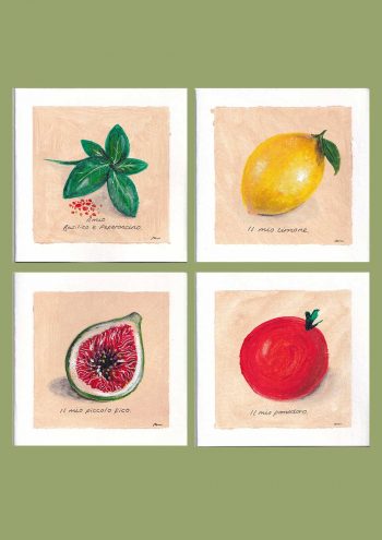 A set of 4 art greetings cards of fruit and herbs painted by MMR for the Herringbone Studio, a basil, lemon, fig and tomato