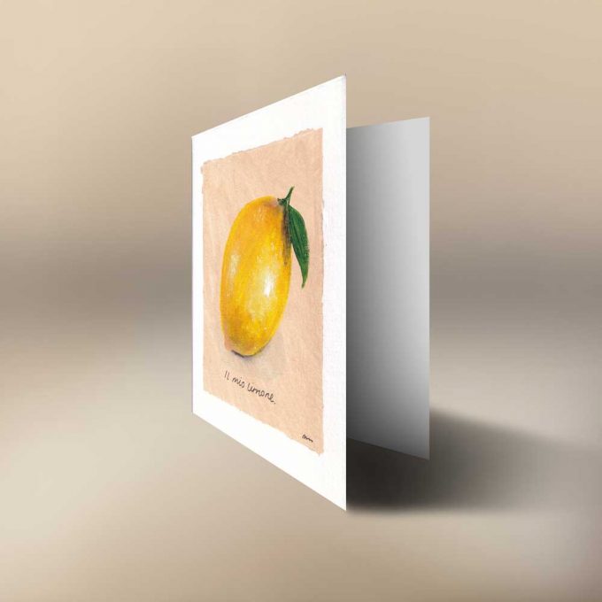 A set of 4 art greetings cards of fruit and herbs painted by MMR for the Herringbone Studio, a basil, lemon, fig and tomato