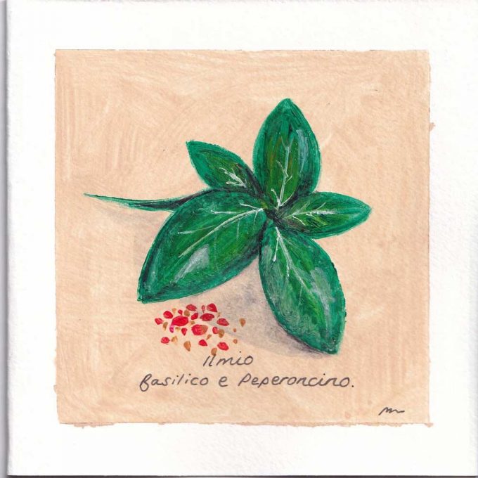 A set of 4 art greetings cards of fruit and herbs painted by MMR for the Herringbone Studio, a basil, lemon, fig and tomato