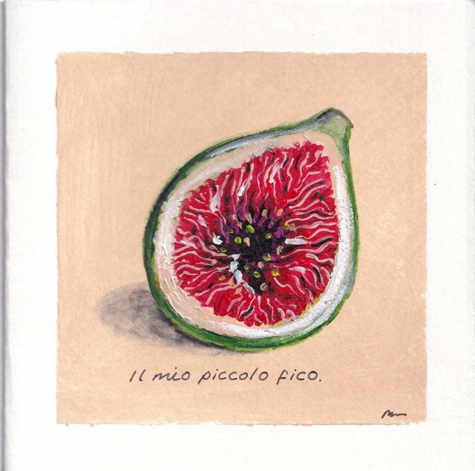 A set of 4 art greetings cards of fruit and herbs painted by MMR for the Herringbone Studio, a basil, lemon, fig and tomato
