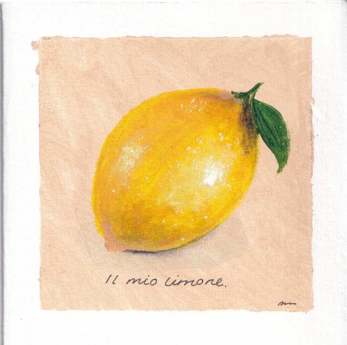 A set of 4 art greetings cards of fruit and herbs painted by MMR for the Herringbone Studio, a basil, lemon, fig and tomato
