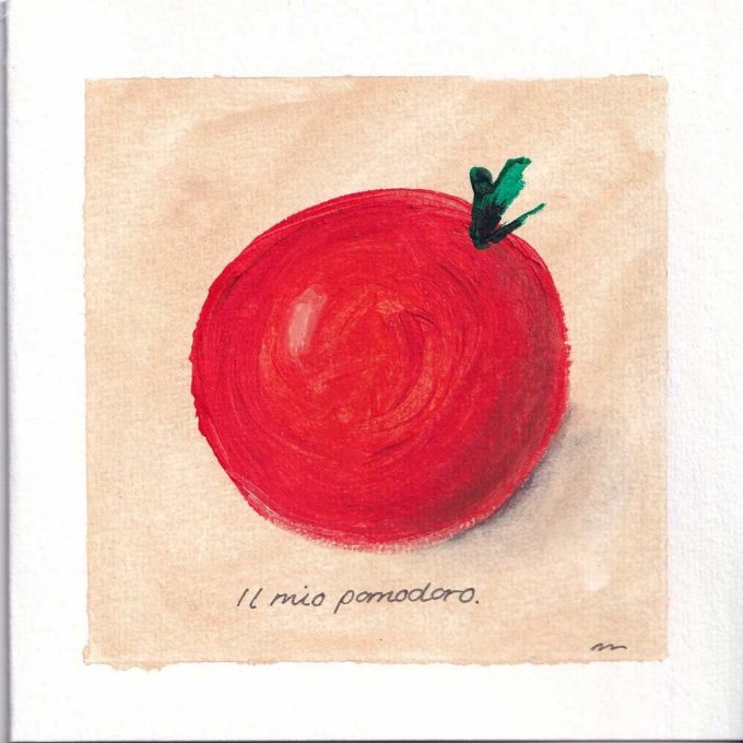 A set of 4 art greetings cards of fruit and herbs painted by MMR for the Herringbone Studio, a basil, lemon, fig and tomato