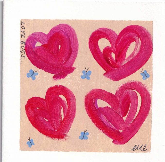 Pink, red and orange love hearts on a beige background surrounded by bugs - Love Bugs Painted by Charlotte Rahman