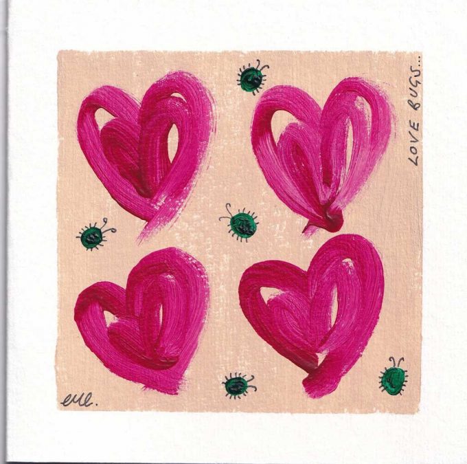 Pink, red and orange love hearts on a beige background surrounded by bugs - Love Bugs Painted by Charlotte Rahman