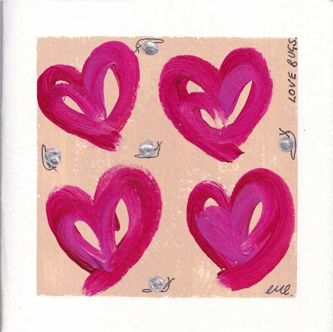 Pink, red and orange love hearts on a beige background surrounded by bugs - Love Bugs Painted by Charlotte Rahman