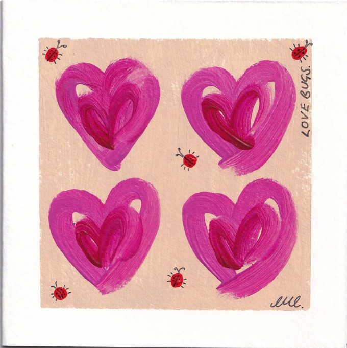 Pink, red and orange love hearts on a beige background surrounded by bugs - Love Bugs Painted by Charlotte Rahman