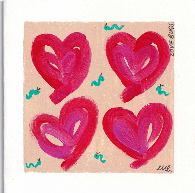 Pink, red and orange love hearts on a beige background surrounded by bugs - Love Bugs Painted by Charlotte Rahman