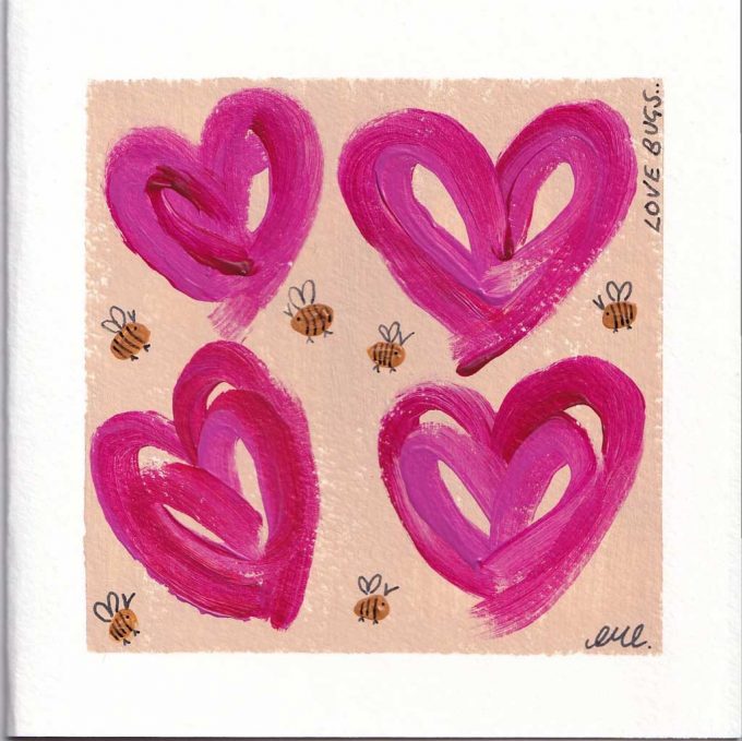 Pink, red and orange love hearts on a beige background surrounded by bugs - Love Bugs Painted by Charlotte Rahman
