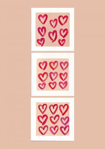3 Love heart hand painted greetings cards painted by CMC, each with pink and red hearts that look delicious!