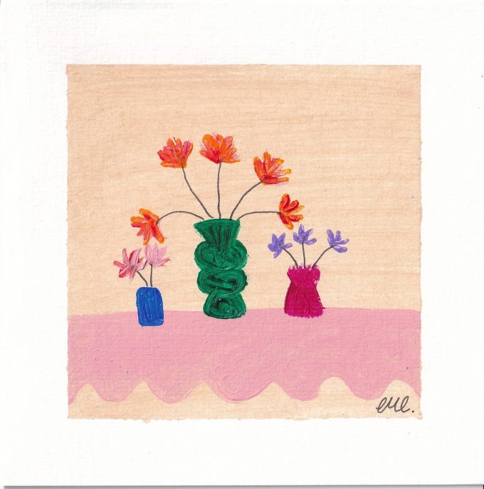 painted by CMC, each greeting card is painted with blue vases and bright flowers