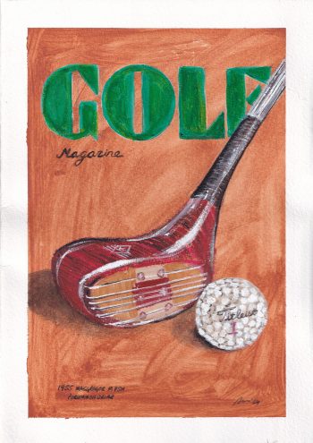 A golf club painting, on a orange background painted by the herringbone studio.