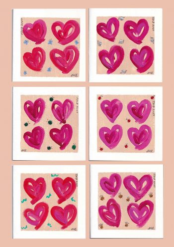 Pink, red and orange love hearts on a beige background surrounded by bugs - Love Bugs Painted by Charlotte Rahman