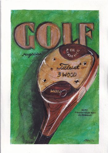 A golf club painting, on a green background painted by the herringbone studio.