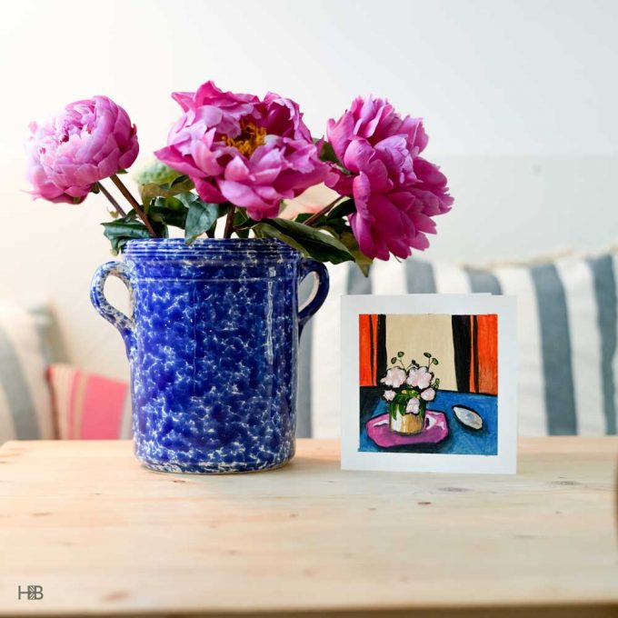 A handpainted art greeting card with a vase of flowers
