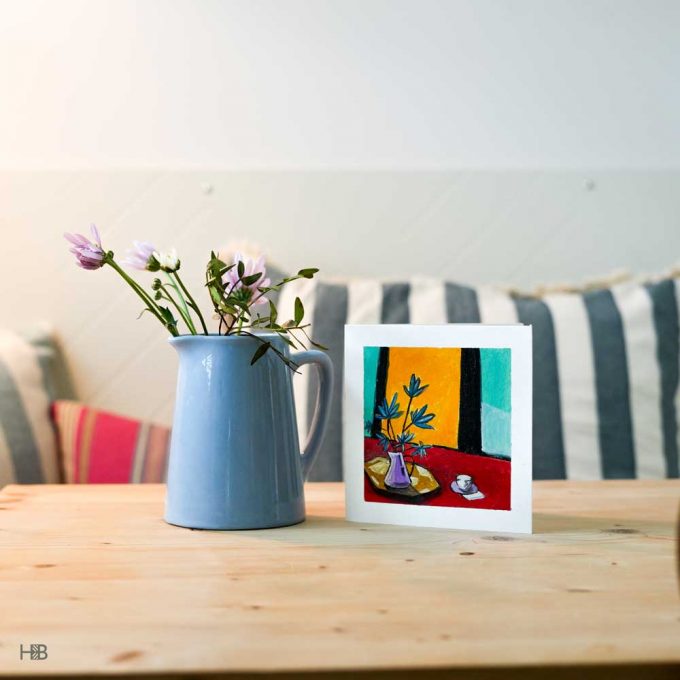 A handpainted art greeting card with a vase of flowers