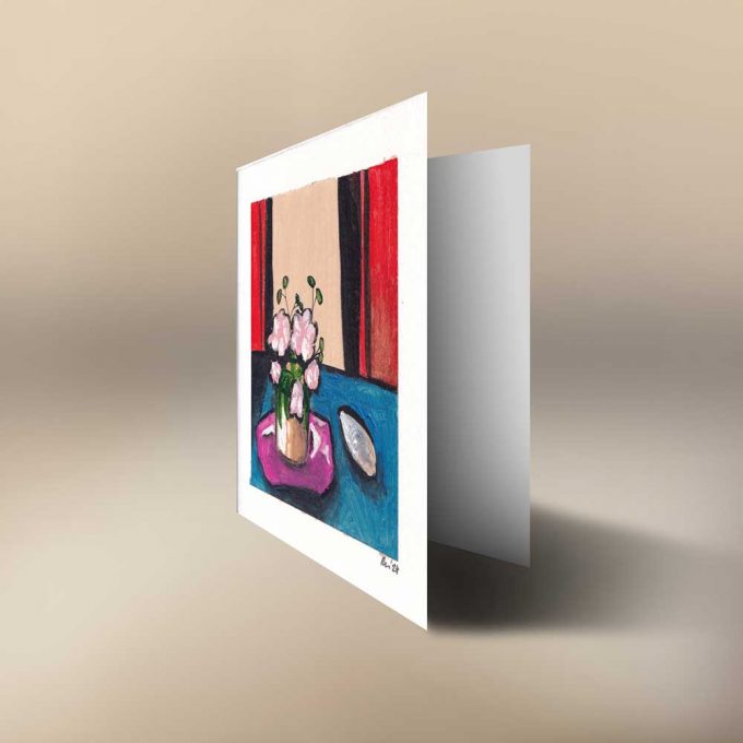 A handpainted art greeting card with a vase of flowers
