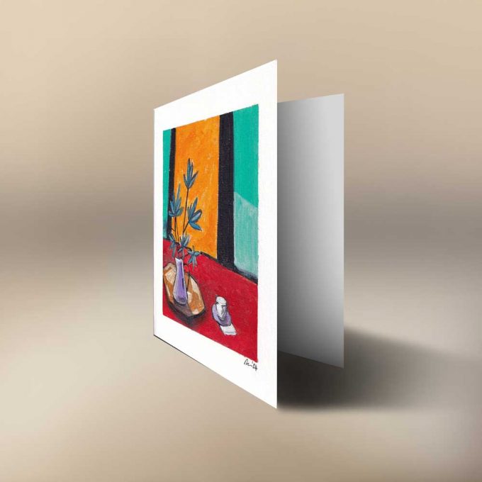 A handpainted art greeting card with a vase of flowers