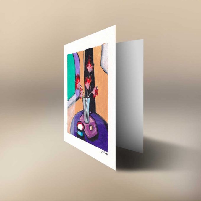 A handpainted art greeting card with a vase of flowers