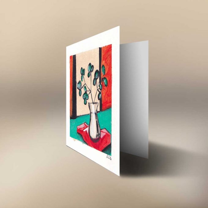 A handpainted art greeting card with a vase of flowers