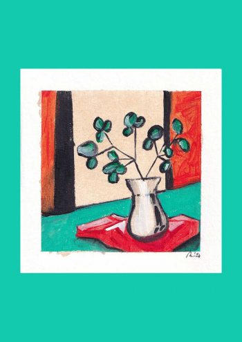 A handpainted art greeting card with a vase of flowers