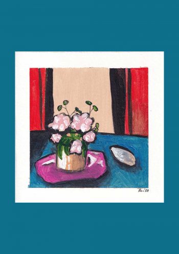 A handpainted art greeting card with a vase of flowers