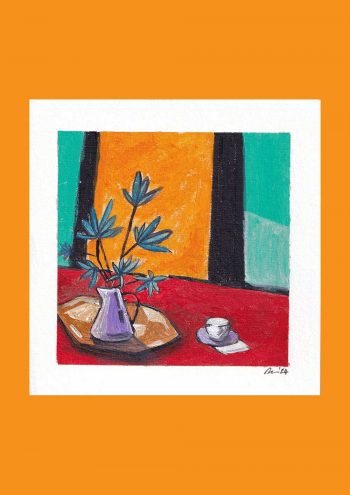 A handpainted art greeting card with a vase of flowers