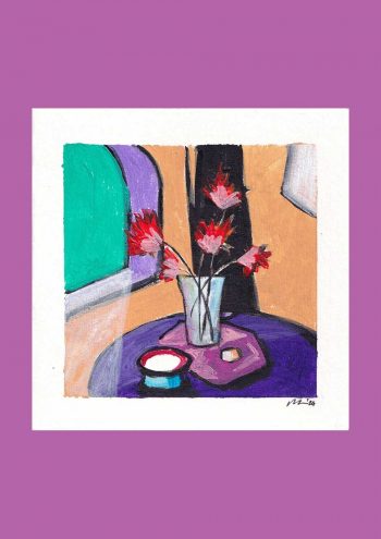 A handpainted art greeting card with a vase of flowers